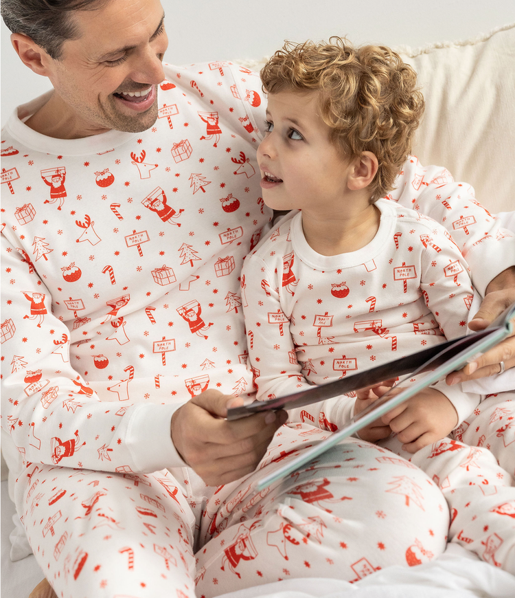 White with Fun Red North Pole Graphics, 100% Organic Cotton, Long Sleeves Top and Pants, Fun Family Comfy and Cozy Sleepwear