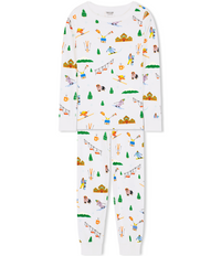 Kids Unisex Goodnight Après Ski Pajama Set - White with Fun Ski-themed Graphics, Long Sleeves Top and Bottoms, Comfortable and Cozy Sleepwear. Long John Two-Piece Set.