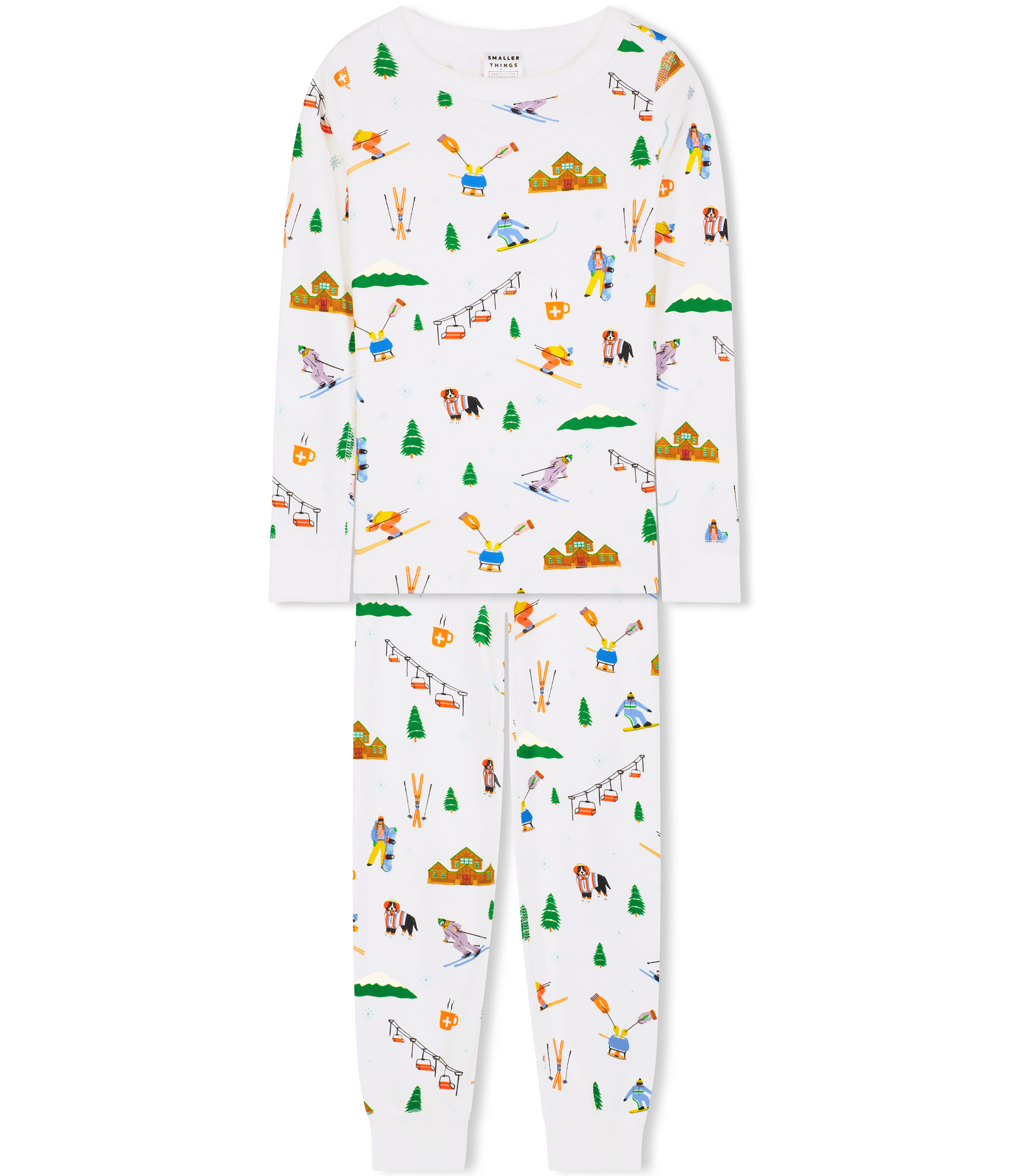 Kids Unisex Goodnight Après Ski Pajama Set - White with Fun Ski-themed Graphics, Long Sleeves Top and Bottoms, Comfortable and Cozy Sleepwear. Long John Two-Piece Set.