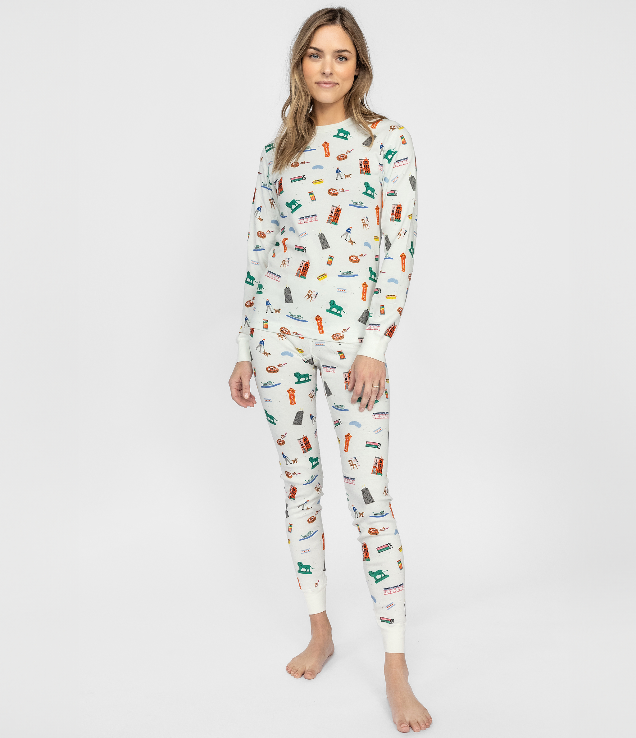 White with Chicago Themed Graphics, 100% Organic Cotton, Long Sleeves Top and Pant. Cozy Sleepwear for both Men and Women