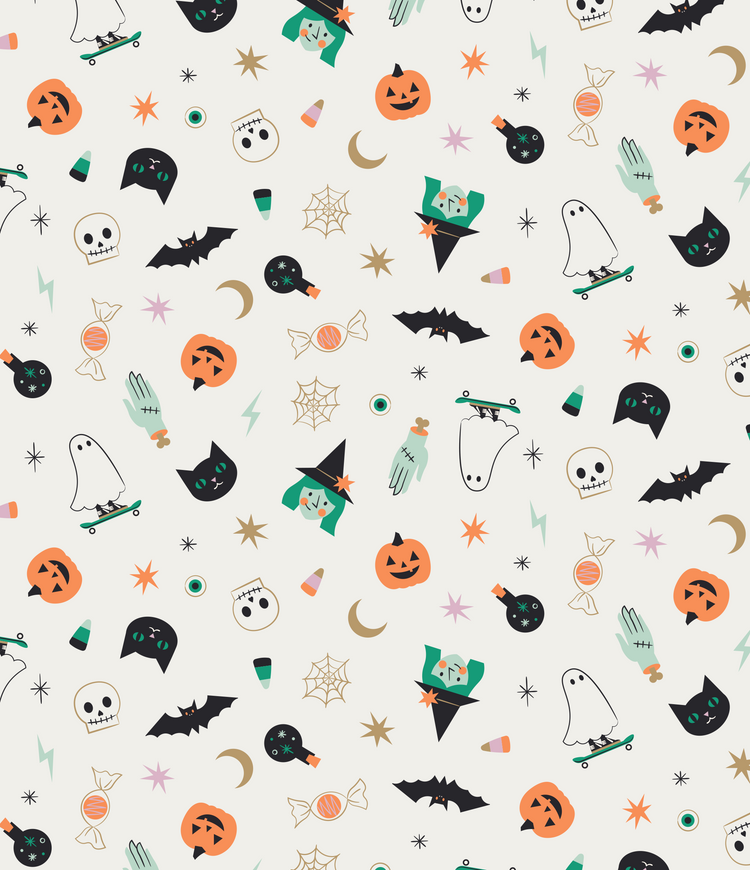 Close-Up of Kids Unisex Goodnight Spooky Nights Print - Colorful Design Featuring Halloween Decor Prints