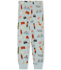 Closeup product image of the Long John Set Bottoms.  One-of-a-kind London themed illustrations.