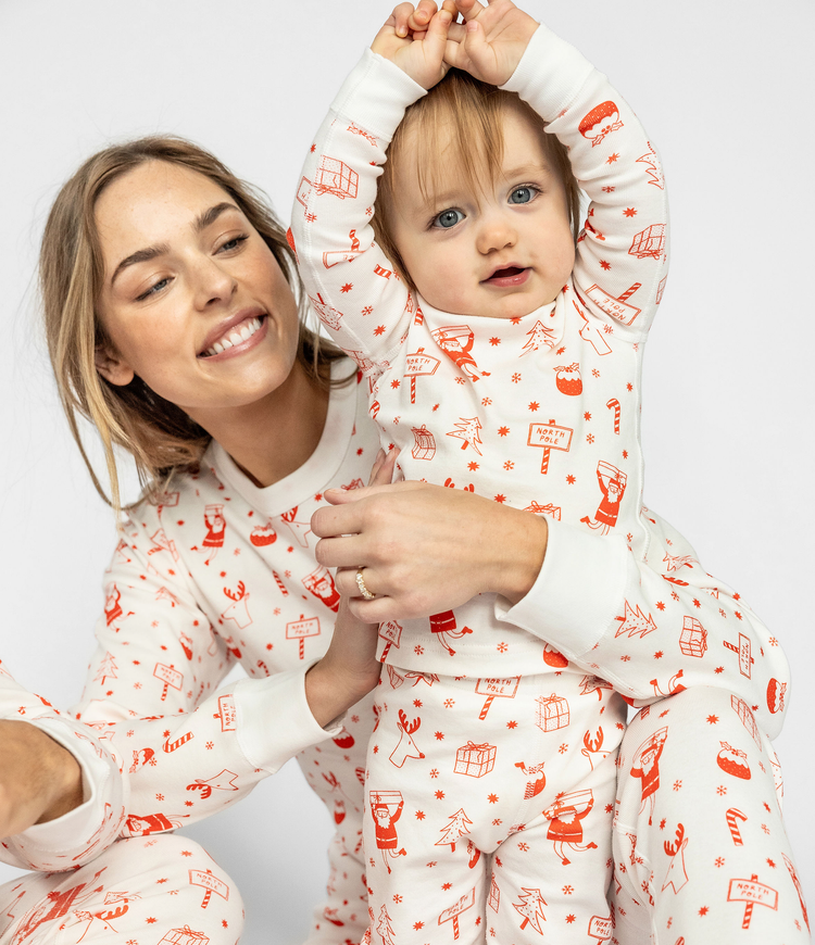 White with Fun Red North Pole Graphics, 100% Organic Cotton, Long Sleeves Top and Pants, Fun Family Comfy and Cozy Sleepwear
