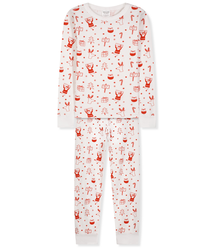 White with Fun Red North Pole-themed Graphics, Long Sleeves Top and Pants, Comfortable and Cozy Sleepwear for Men and Women. Long John Two-Piece Set.