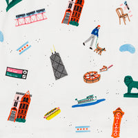 Close Up View of Fun Chicago Themed Illustrated Graphics including the Bean, Chicago Transit, Chicago Style Hot Dog, Chicago Deep Dish Pizza and many many more.
