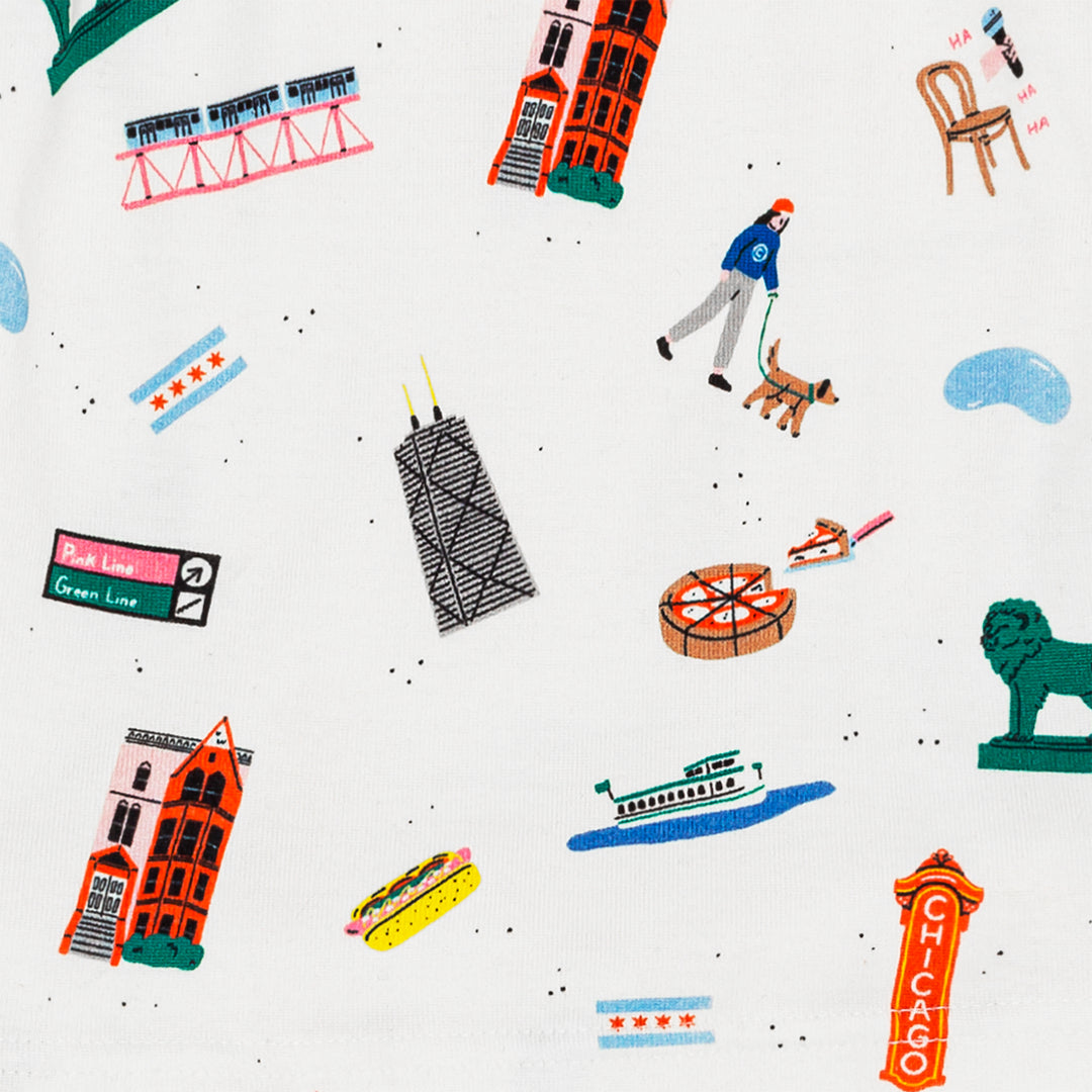 Close Up View of Fun Chicago Themed Illustrated Graphics including the Bean, Chicago Transit, Chicago Style Hot Dog, Chicago Deep Dish Pizza and many many more.