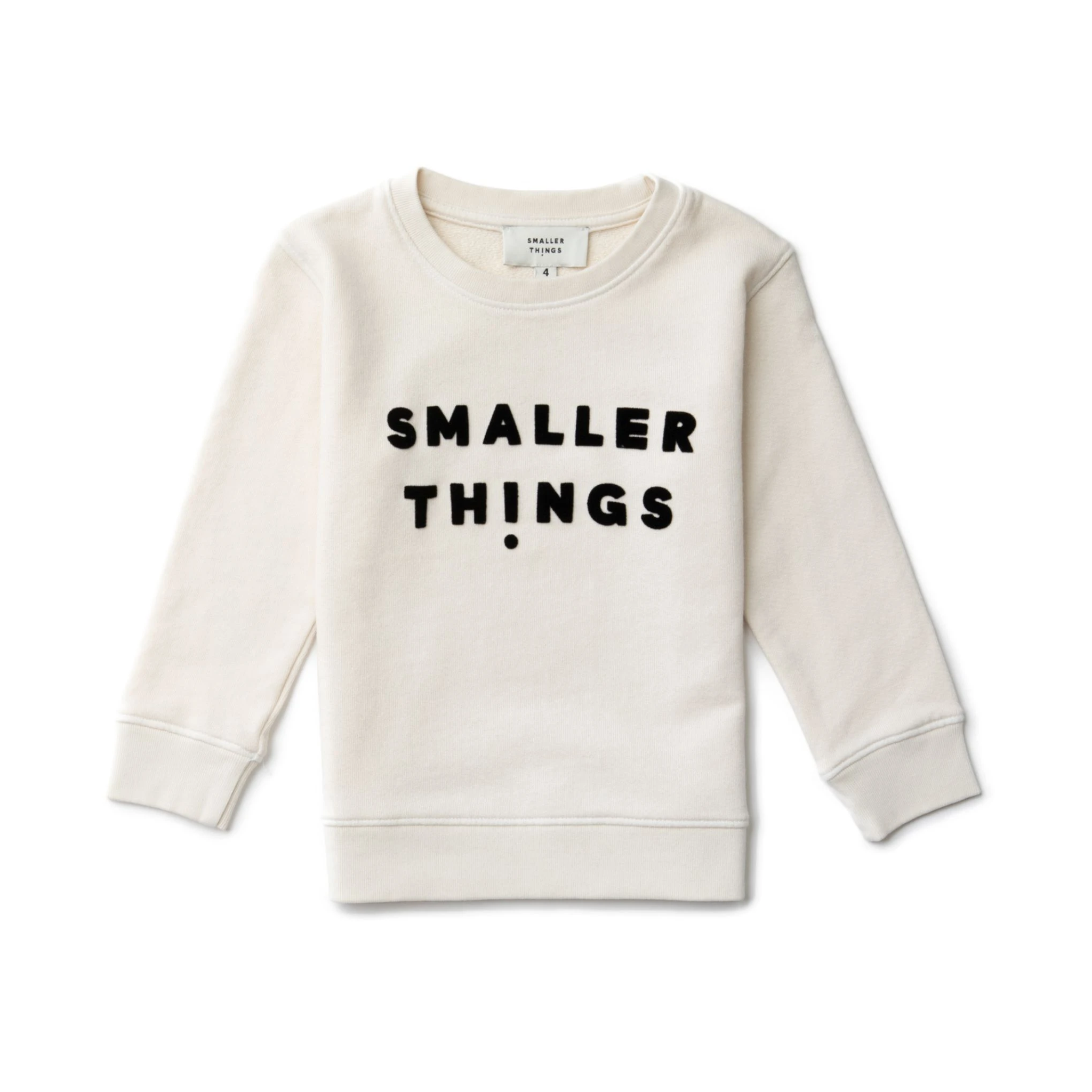 Stylish Bone Colored Sweatshirt with Smaller Things Logo. 100% Organic Cotton. Crewneck for Young Boys and Girls. Fashionable and Cozy to Wear. Velvet Lettering Logo.