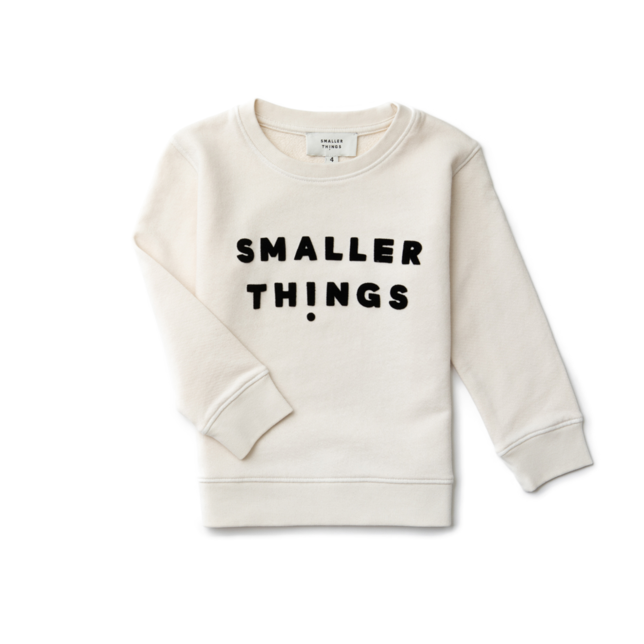 Stylish Bone Colored Sweatshirt with Smaller Things Logo. 100% Organic Cotton. Velvet Lettering Logo. Young Boys and Girls.
