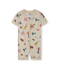 One Piece Zip-up Shorter Sleeper Baby and Toddler Wear. Comfortable and Cozy with Short Length Sleeves. 100% Organic Cotton with Fun Texas Themed Graphics. One Piece Combed Rib Knit Wear.