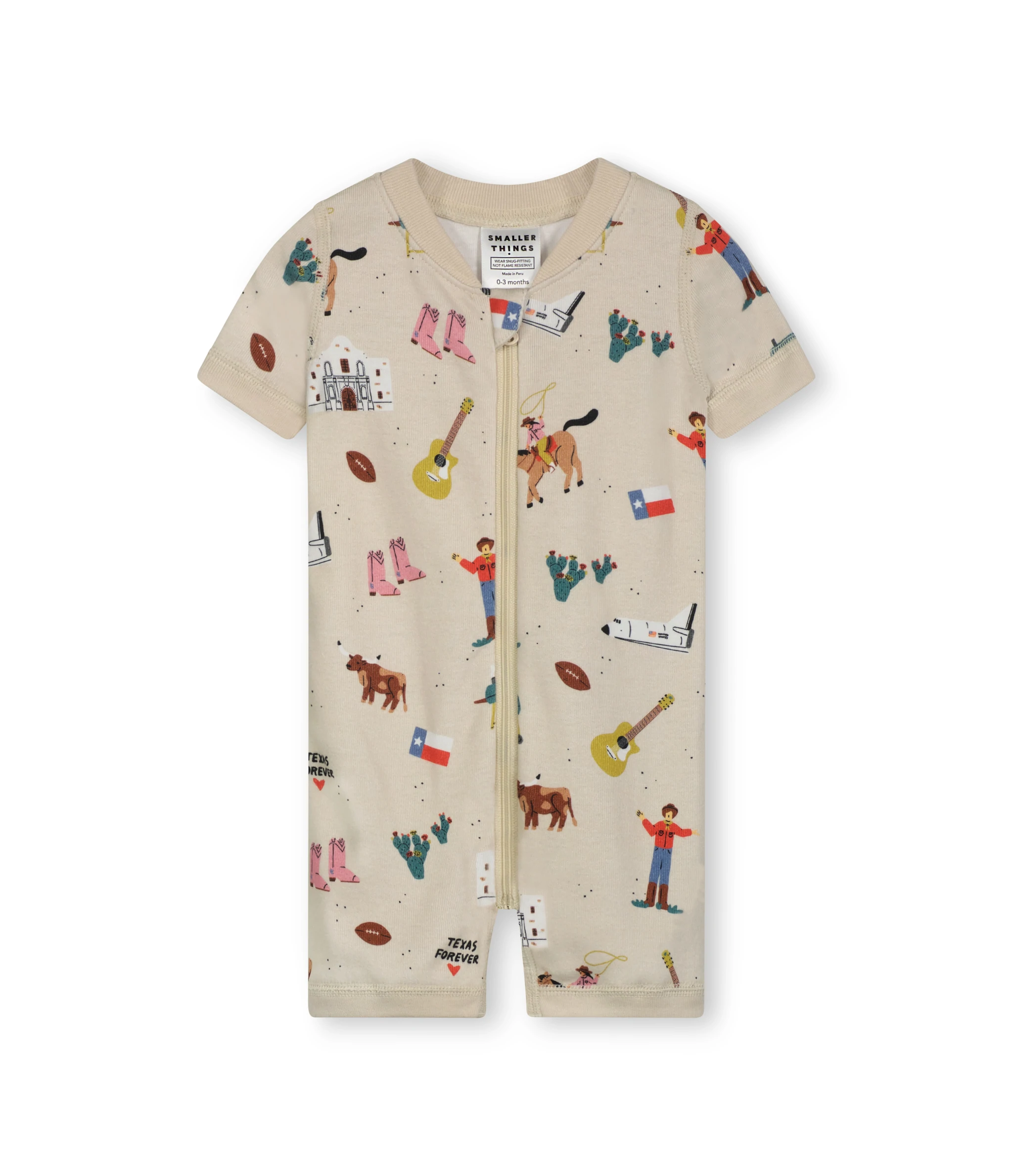 One Piece Zip-up Shorter Sleeper Baby and Toddler Wear. Comfortable and Cozy with Short Length Sleeves. 100% Organic Cotton with Fun Texas Themed Graphics. One Piece Combed Rib Knit Wear.