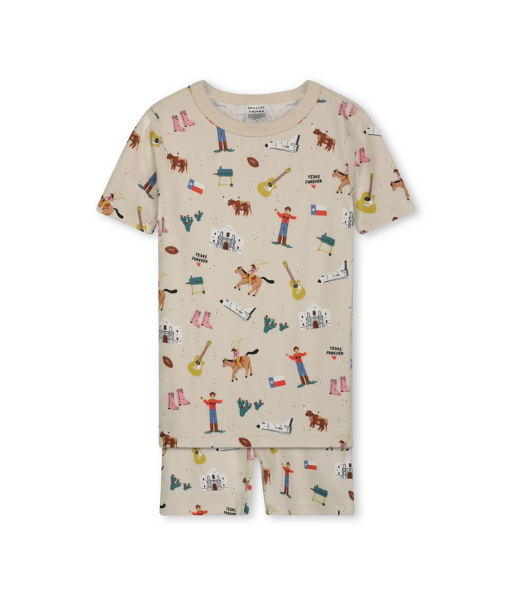 Two Piece Set Shorter Sleeper for Kids. Comfortable and Cozy with Short Length Sleeves and Shorts. 100% Organic Cotton with Fun Texas Themed Graphics.