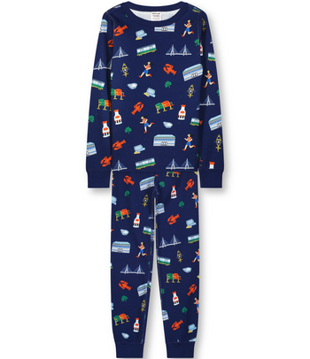Kids Unisex Goodnight Boston Pajama Set - Navy Blue with Fun Boston - themed Graphics, Long Sleeves Top and Bottoms, Comfortable and Cozy Sleepwear for Boys and Girls. Long John Two-Piece Set.