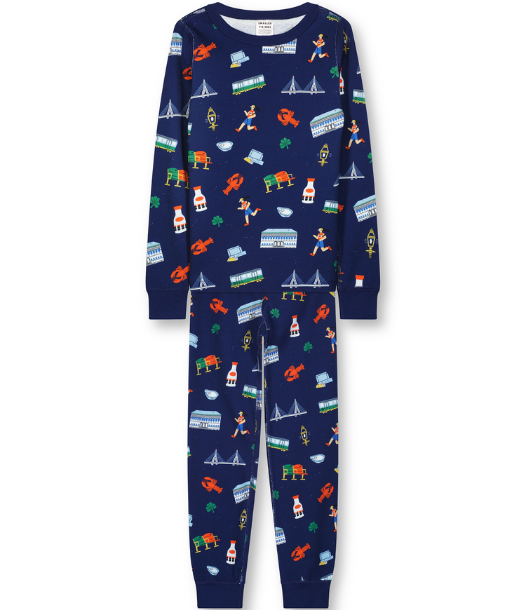 Kids Unisex Goodnight Boston Pajama Set - Navy Blue with Fun Boston - themed Graphics, Long Sleeves Top and Bottoms, Comfortable and Cozy Sleepwear for Boys and Girls. Long John Two-Piece Set.