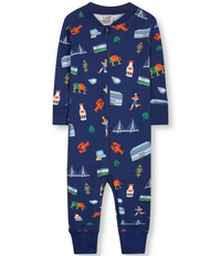 Baby and Toddler Unisex Goodnight Boston Zip-up Pajamas - Navy Blue with Fun Boston - themed Graphics, Long Sleeves, Comfortable and Cozy Sleepwear.