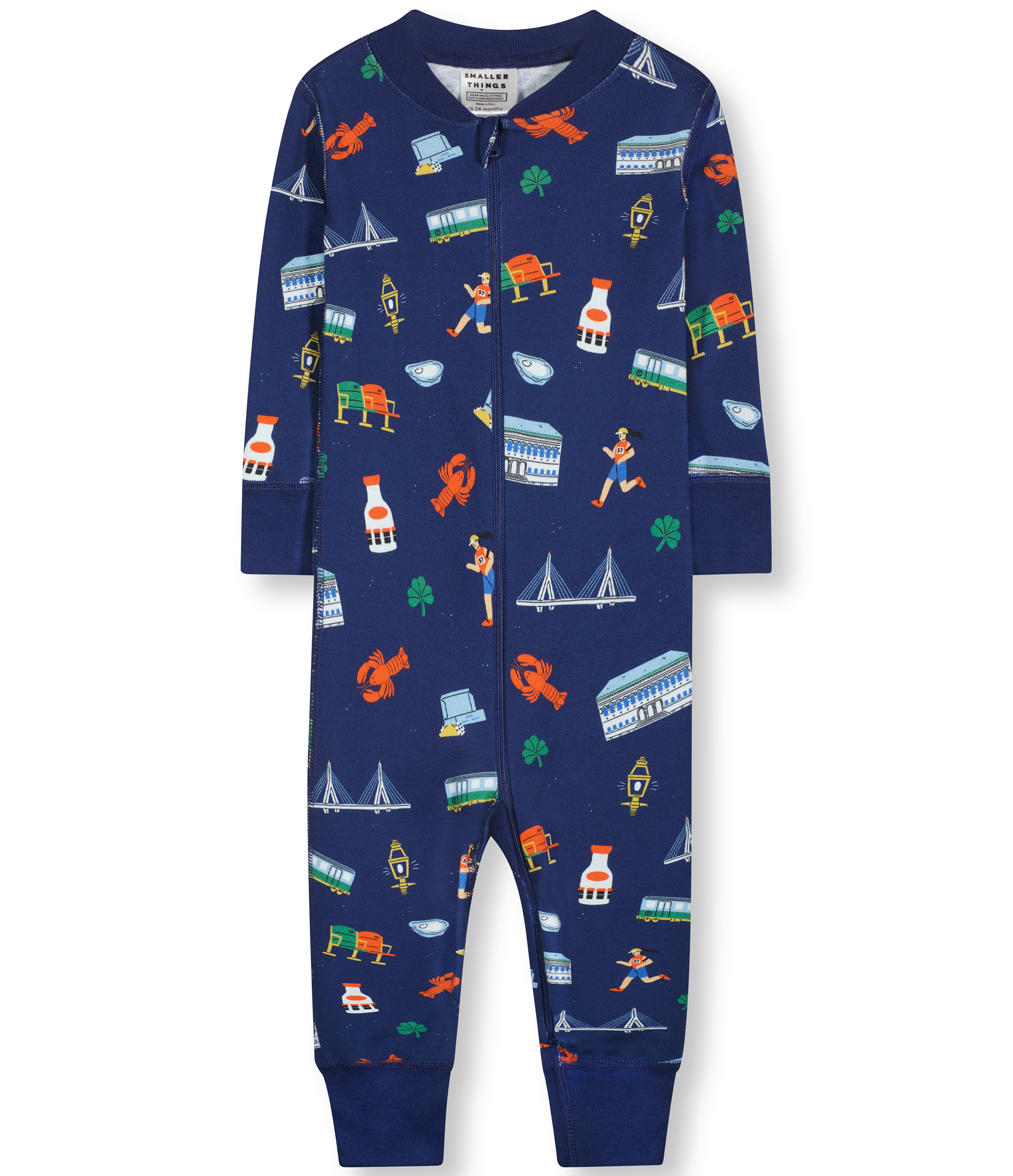 Baby and Toddler Unisex Goodnight Boston Zip-up Pajamas - Navy Blue with Fun Boston - themed Graphics, Long Sleeves, Comfortable and Cozy Sleepwear.