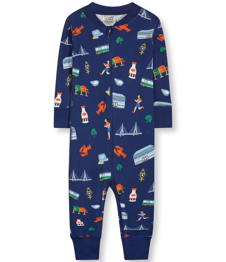 Baby and Toddler Unisex Goodnight Boston Zip-up Pajamas - Navy Blue with Fun Boston - themed Graphics, Long Sleeves, Comfortable and Cozy Sleepwear.
