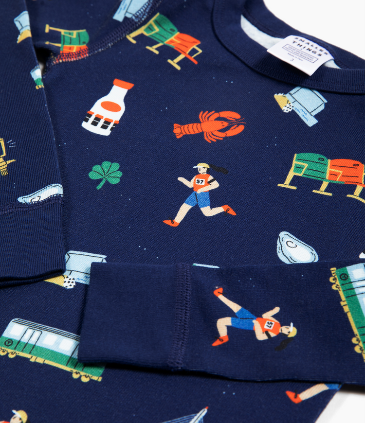 Kids Unisex Goodnight Boston Pajama Set - Navy Blue with Fun Boston - themed Graphics,  Comfortable and Cozy Sleepwear for Boys and Girls.