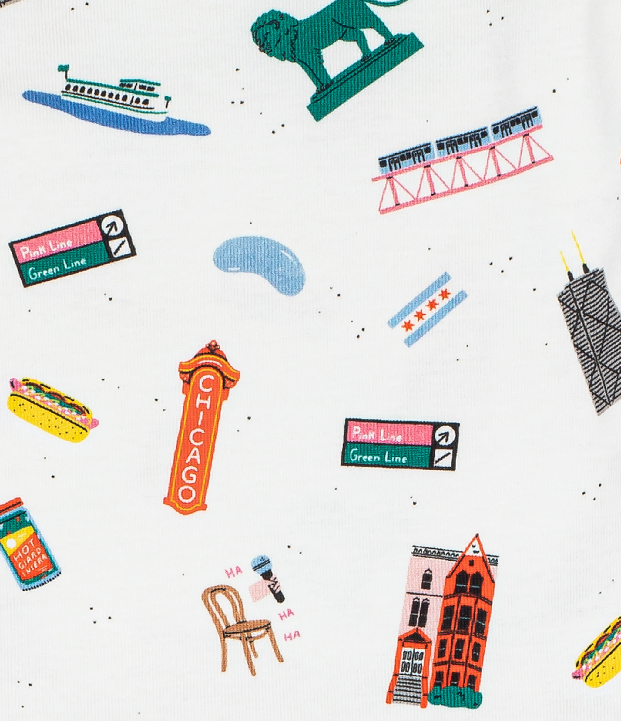 Close Up View of Fun Chicago Themed Illustrated Graphics including the Bean, Chicago Transit, Chicago Style Hot Dog and many many more.