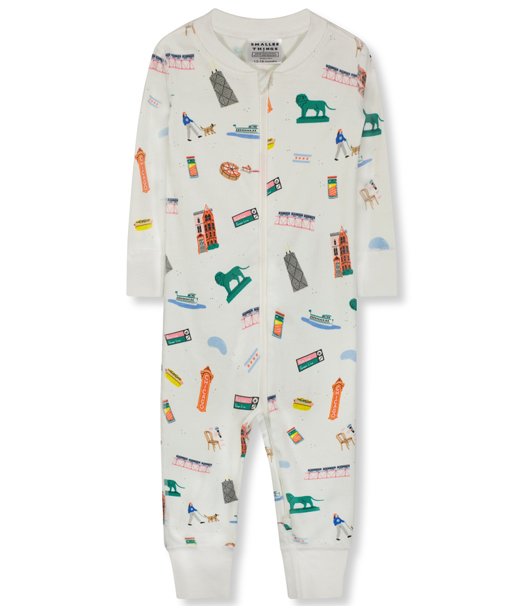 Toddler and Baby Sleepwear with Fun Chicago themed Graphics. 100% Organic Cotton. One Piece Comfortable and Cozy Pajamas.