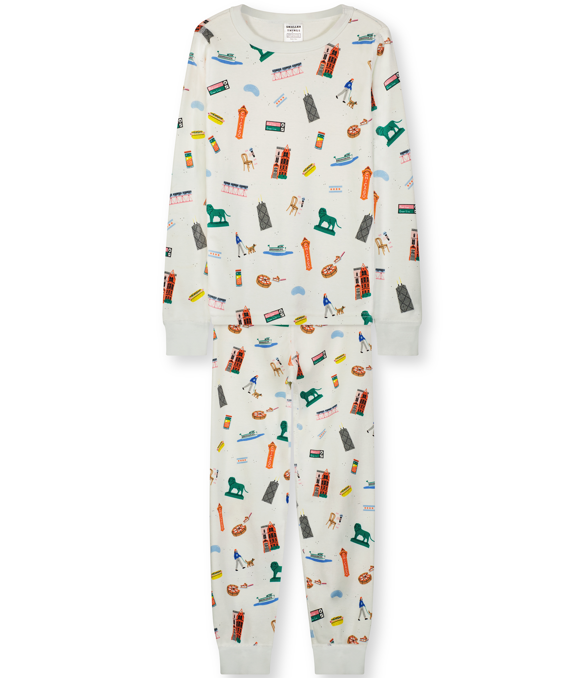 White with Fun Chicago-themed Graphics, Long Sleeves Top and Pants, Stylish and Fashionable Sleepwear for Young Boys, 100% Organic Cotton,  Long-john Two Piece Set
