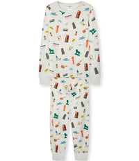 White with Fun Chicago-themed Graphics, Long Sleeves Top and Pants, Comfortable and Cozy Sleepwear for Men and Women.  100% Organic Cotton. Long John Two-Piece Set.