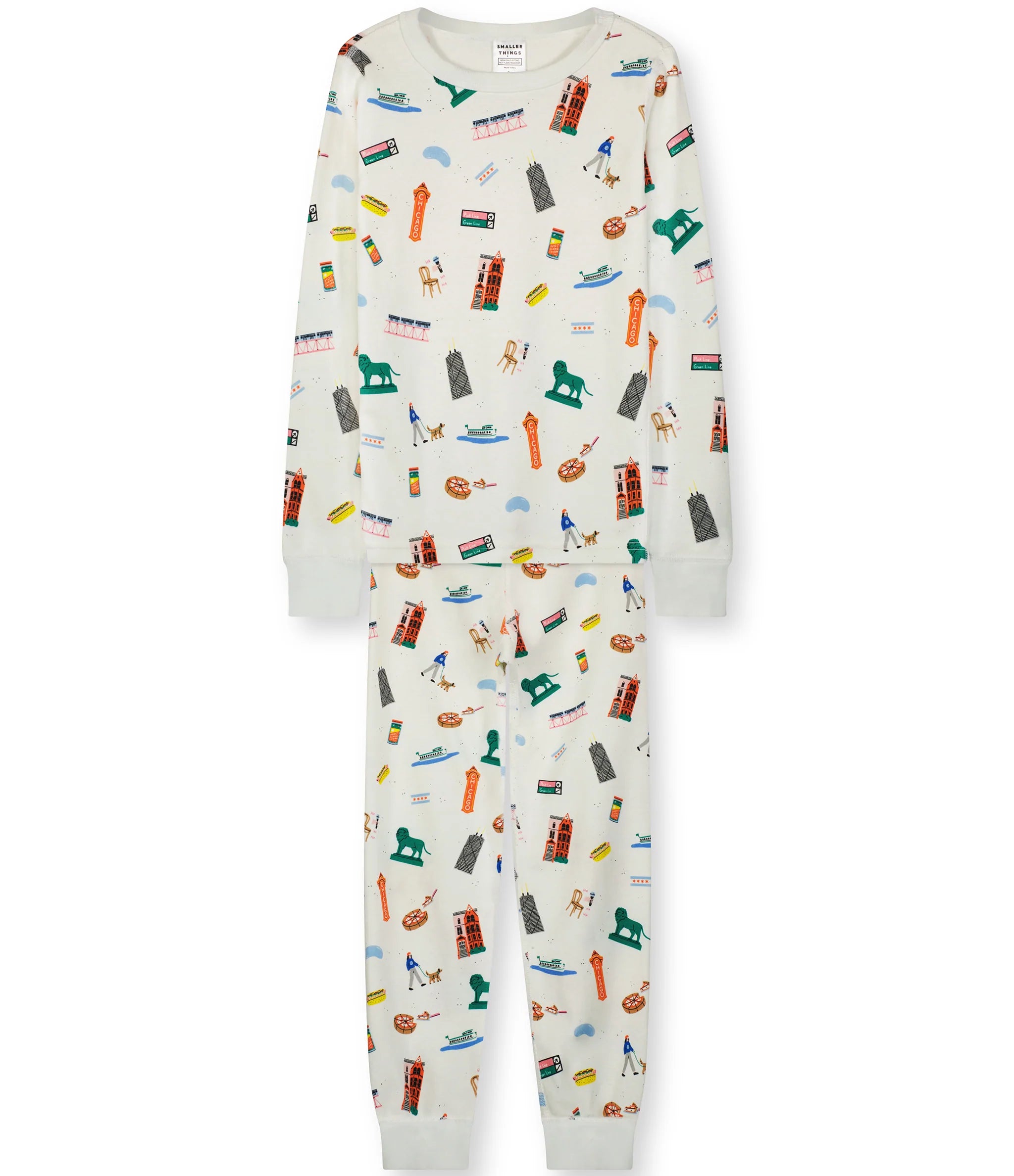 White with Fun Chicago-themed Graphics, Long Sleeves Top and Pants, Comfortable and Cozy Sleepwear for Men and Women.  100% Organic Cotton. Long John Two-Piece Set.