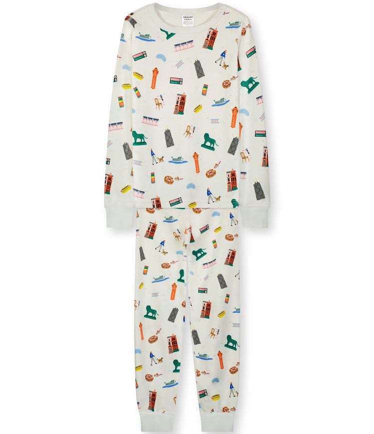 White with Fun Chicago-themed Graphics, Long Sleeves Top and Pants, Comfortable and Cozy Sleepwear for Men and Women.  100% Organic Cotton. Long John Two-Piece Set.