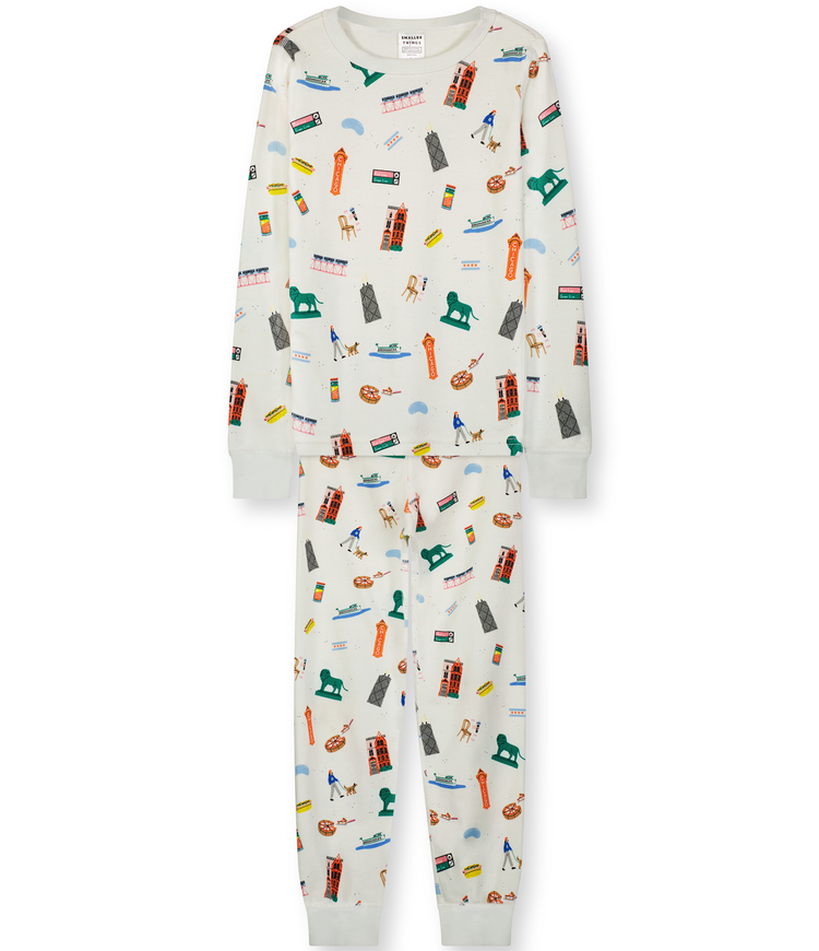White with Fun Chicago-themed Graphics, Long Sleeves Top and Pants, Stylish and Fashionable Sleepwear for Young Boys, 100% Organic Cotton,  Long-john Two Piece Set