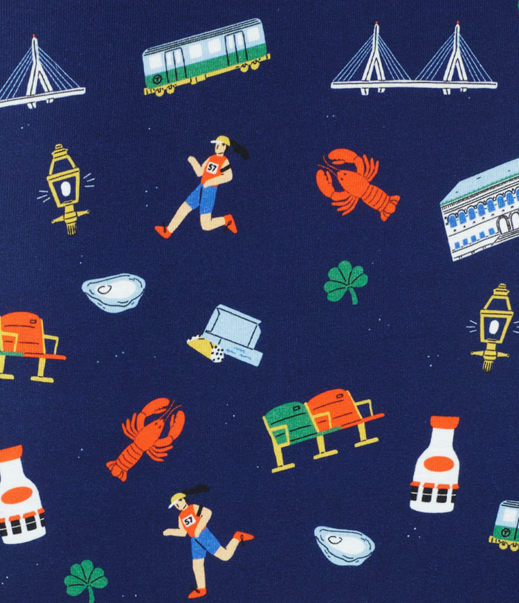 Close-Up of Baby and Toddler Unisex Goodnight Boston Print - Colorful Design Featuring Lobster, Shell, and Clover Leaf