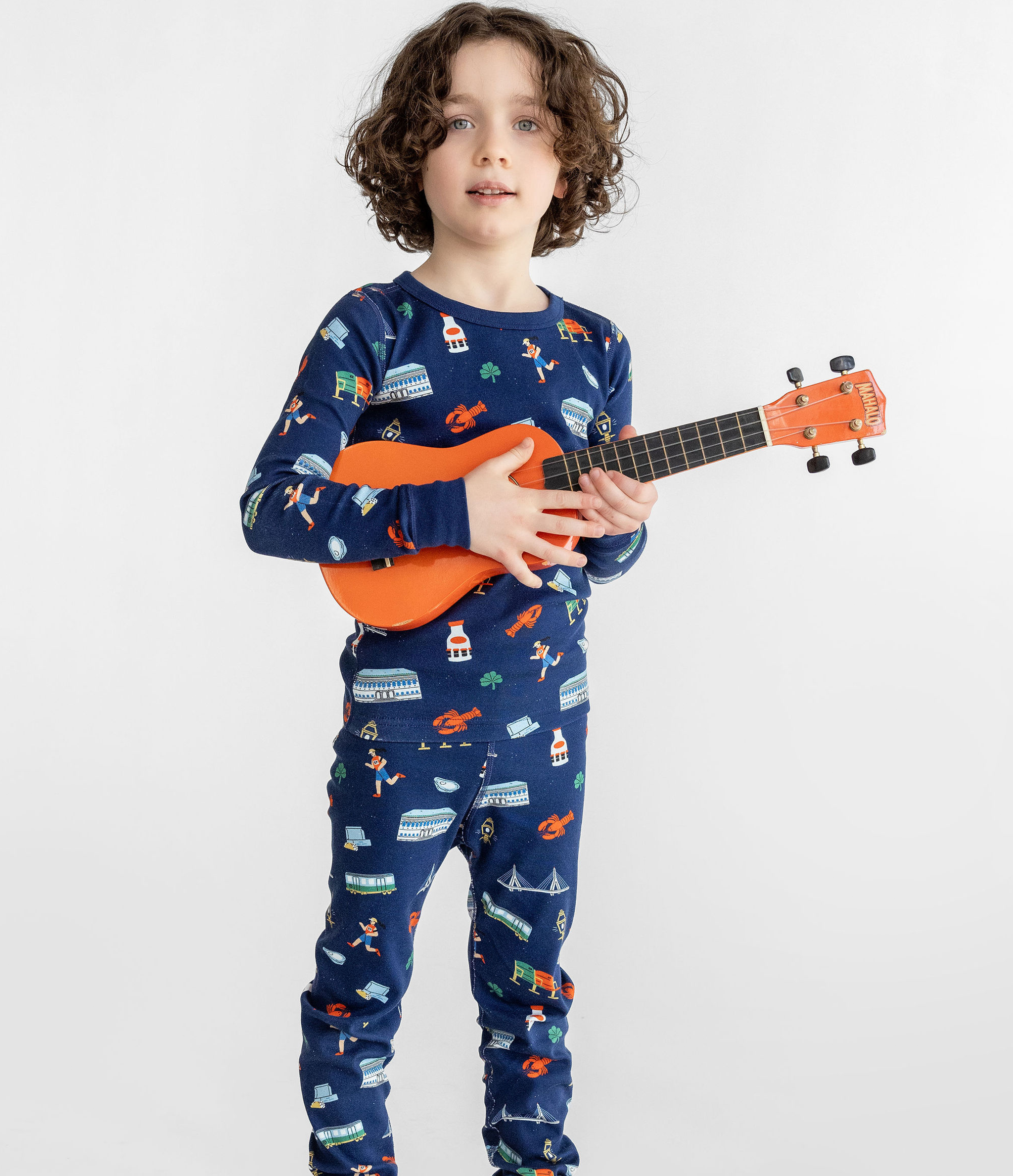 Kids Unisex Goodnight Boston Pajama Set - Navy Blue with Fun Boston - themed Graphics, 100% Organic Cotton Long Sleeves Top and Bottoms, Comfortable and Cozy Sleepwear for Boys and Girls