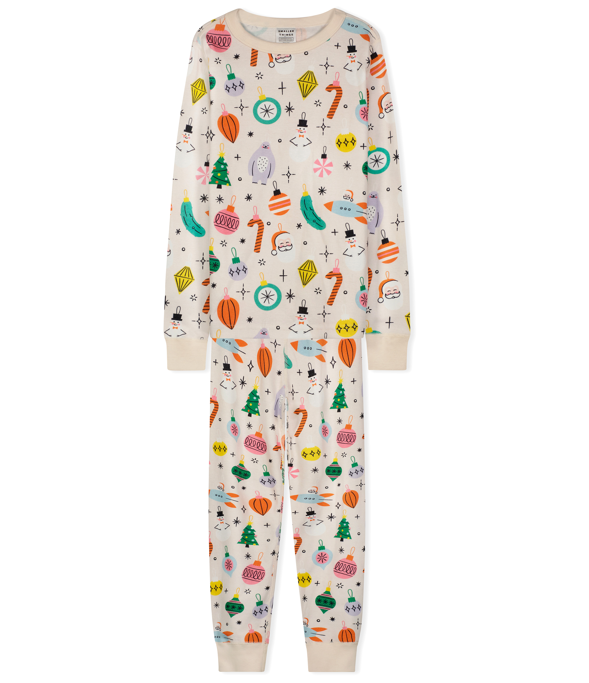 Two-Piece Long Sleeve Pajama Set - 100% Organic Cotton with Artist-Illustrated Vintage Ornaments, including Pickle Ornament and Saint Nick