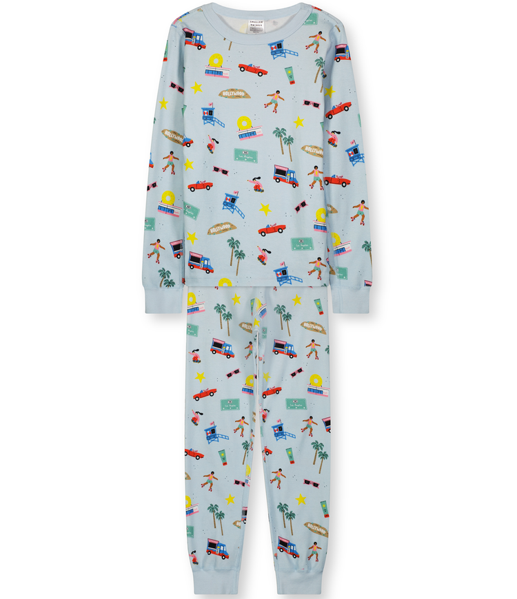 Two-Piece Long Sleeve Pajama Set - 100% Organic Cotton for Boys and Girls, with Los Angeles-themed fun vibrant print