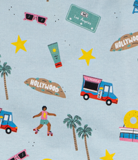 Close-up of Goodnight, Los Angeles-themed Pajamas Set Print - Featuring iconic Hollywood and LA life