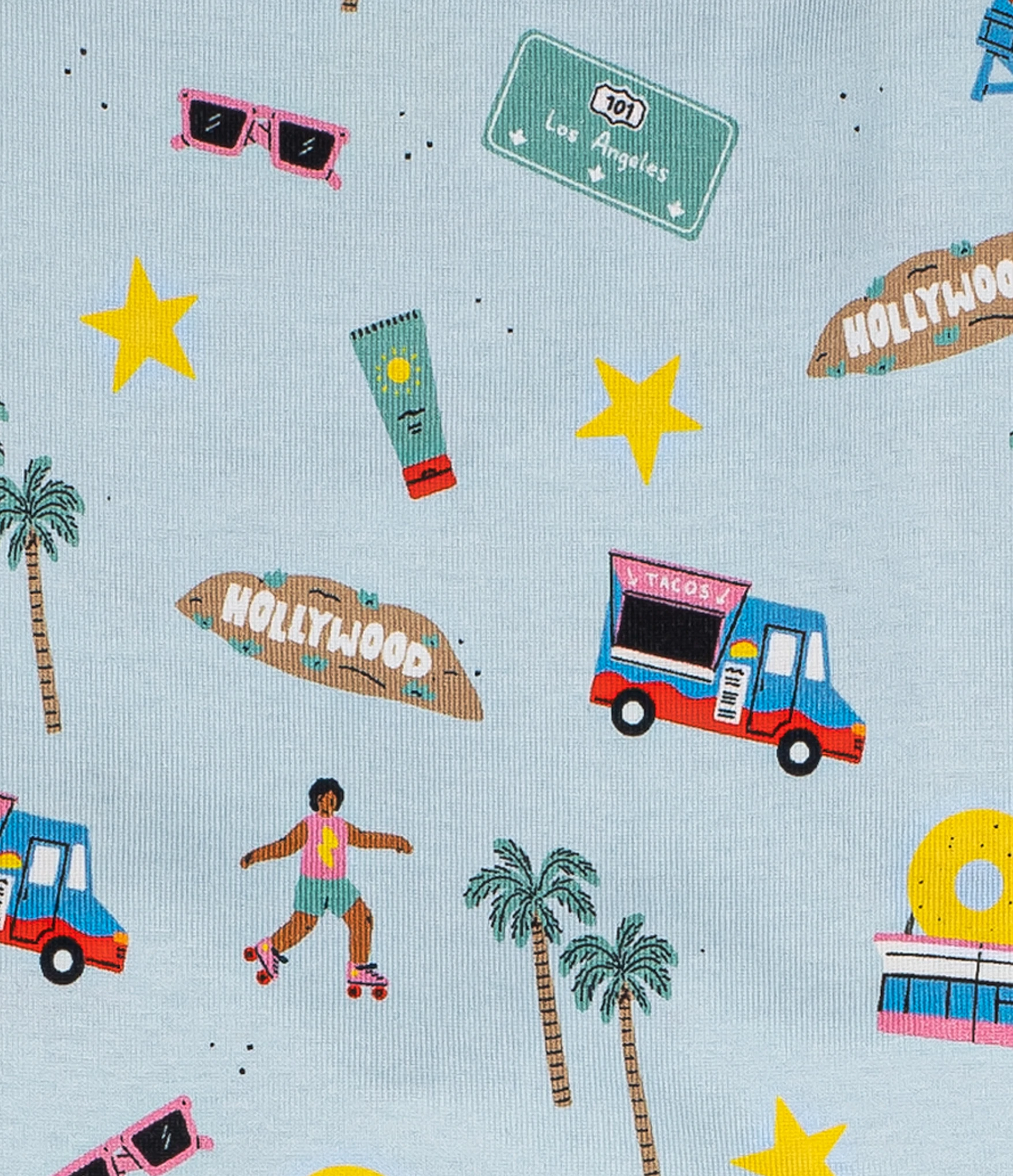 Close-up of Goodnight, Los Angeles-themed Pajamas Set Print - Featuring iconic Hollywood and LA life