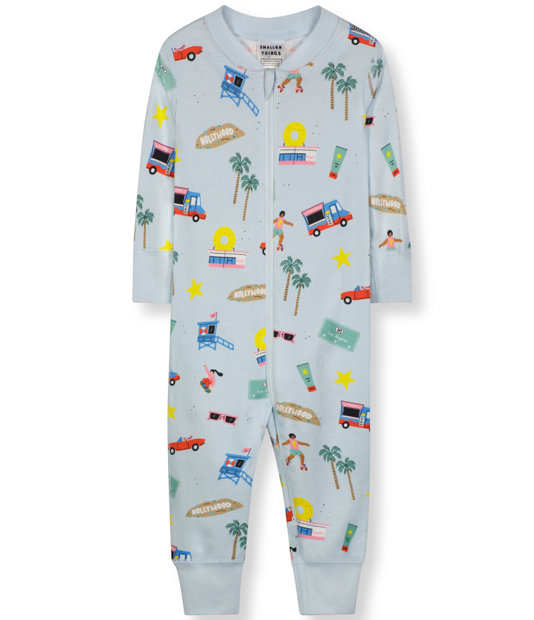 Baby and Toddler Unisex Goodnight Los Angeles Zip-up Pajamas - Light Blue LA-themed Graphics , Long Sleeves, Comfortable and Cozy Sleepwear