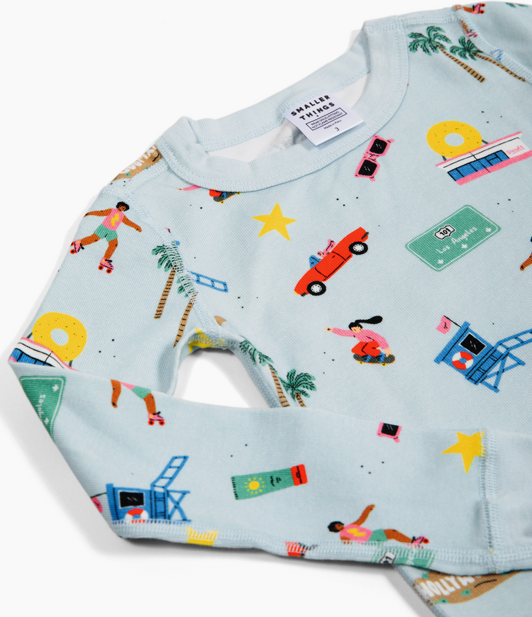 Two-Piece Long Sleeve Pajama Set - 100% Organic Cotton for Boys and Girls, with Los Angeles-themed fun vibrant print