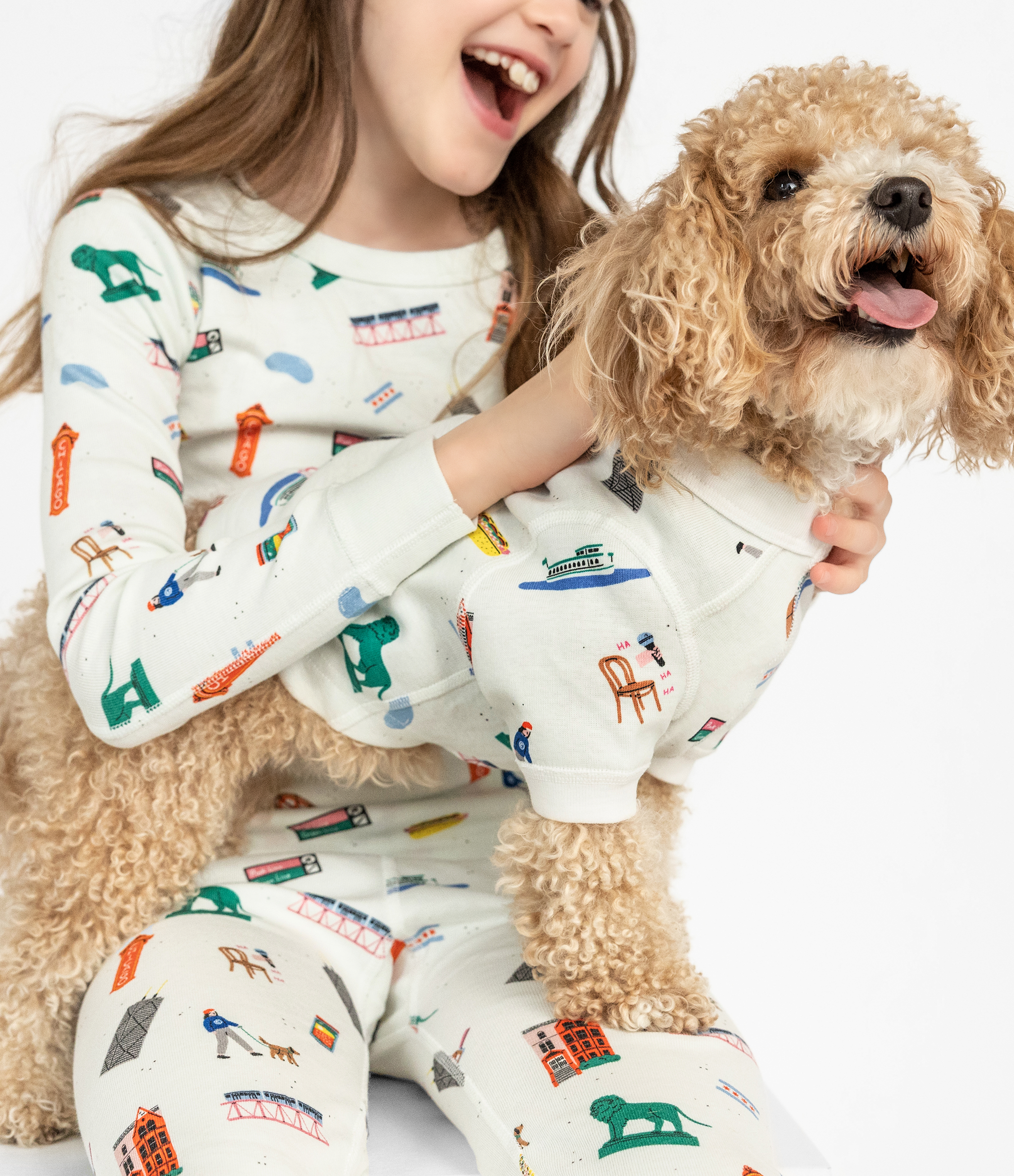 Chicago Artist Illustrated Pet Pajamas for Dogs and Cats.  Matching Kids Goodnight, Chicago Pajamas Sets. 100% Organic Cotton