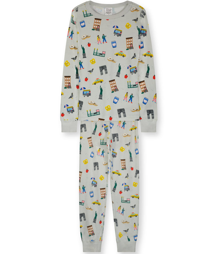 Two-Piece Long Sleeve Pajama Set - 100% Organic Cotton for Boys and Girls, with New York City themed Graphics print on it
