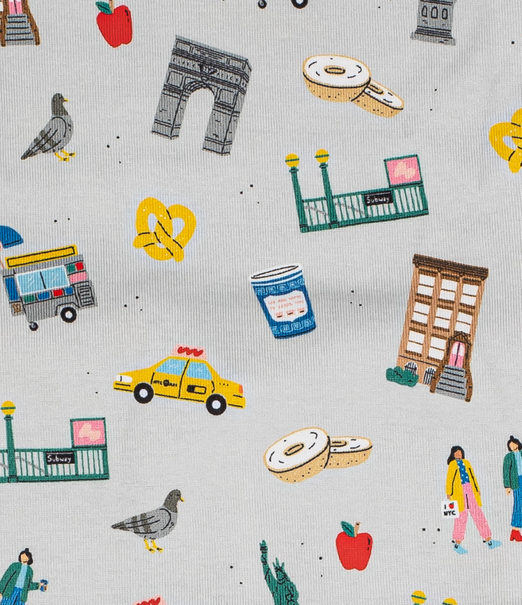 Close-Up of Kids Unisex Goodnight New York City Print - Colorful Design Featuring Pretzel, Subway and Yellow Taxi