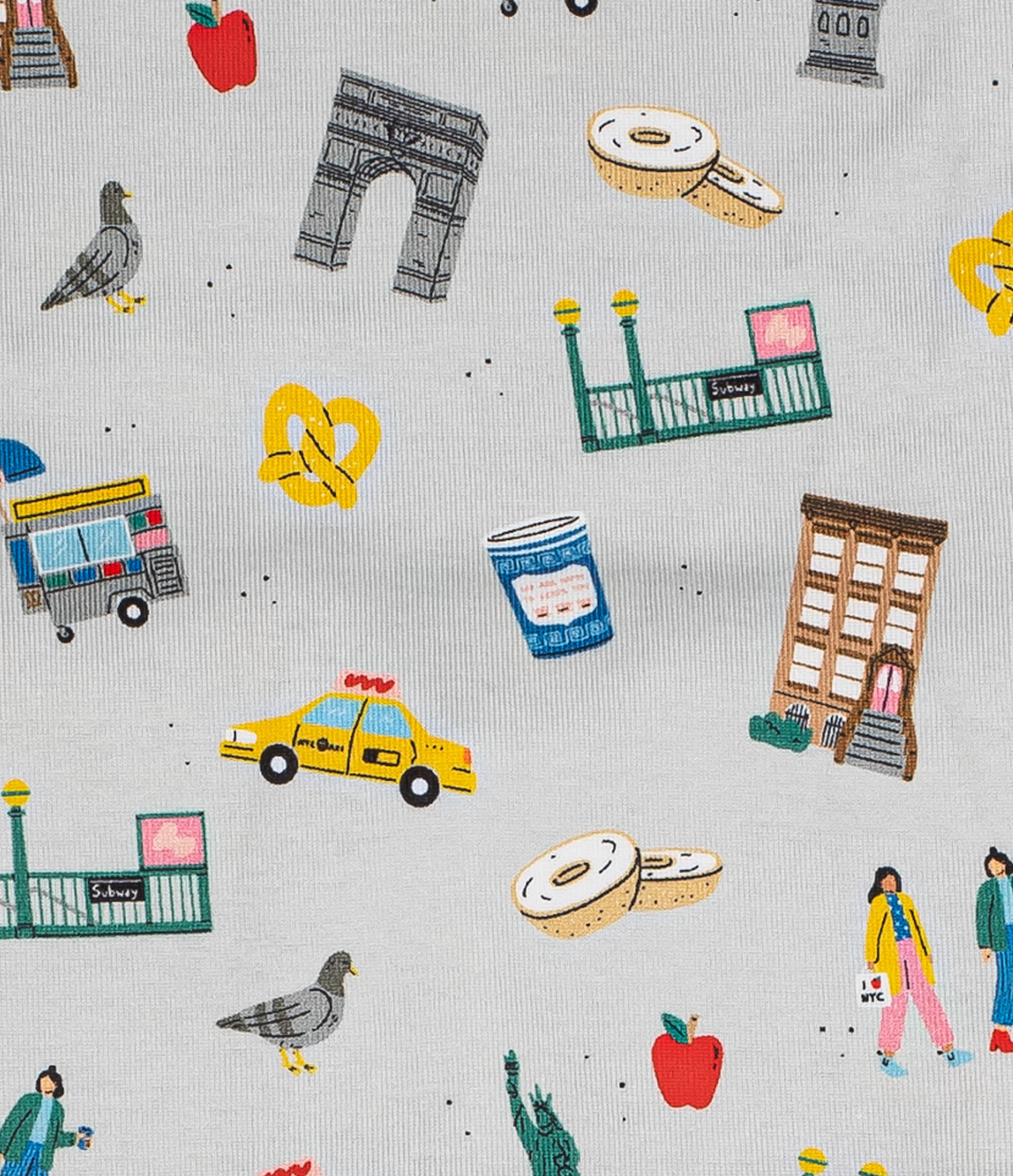 Close-Up of Baby and Toddler Goodnight New York City Zip-up Pajamas Set - Colorful Design Featuring Pretzel, Subway and Yellow Taxi