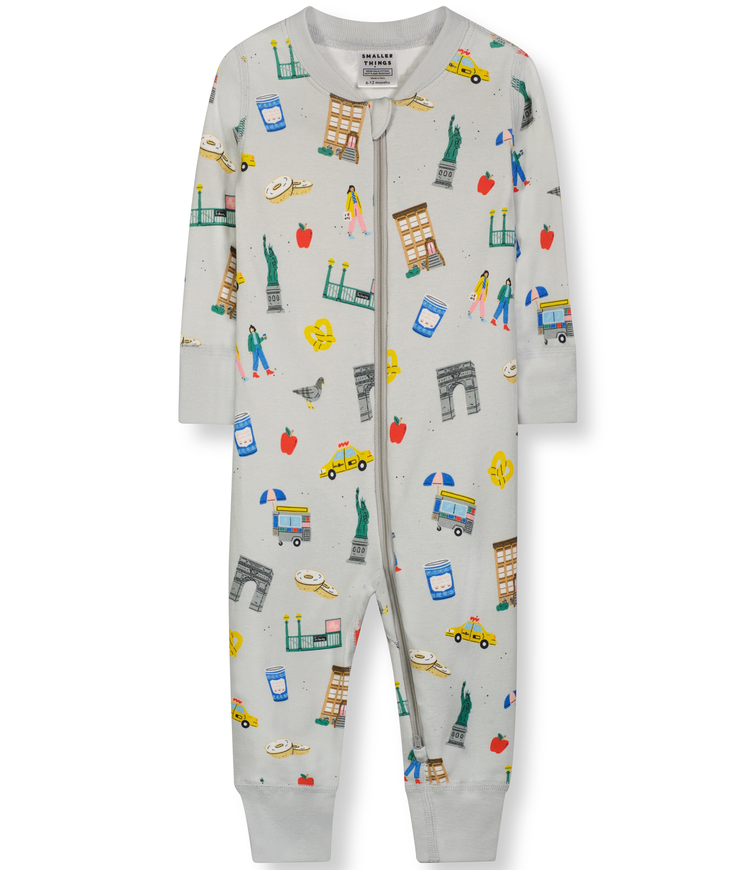 Smaller Things Goodnight, New York City baby sleeper.  Fun, unique artist illustrations of your favorite NYC icons. 100% organic cotton and smooth seams.