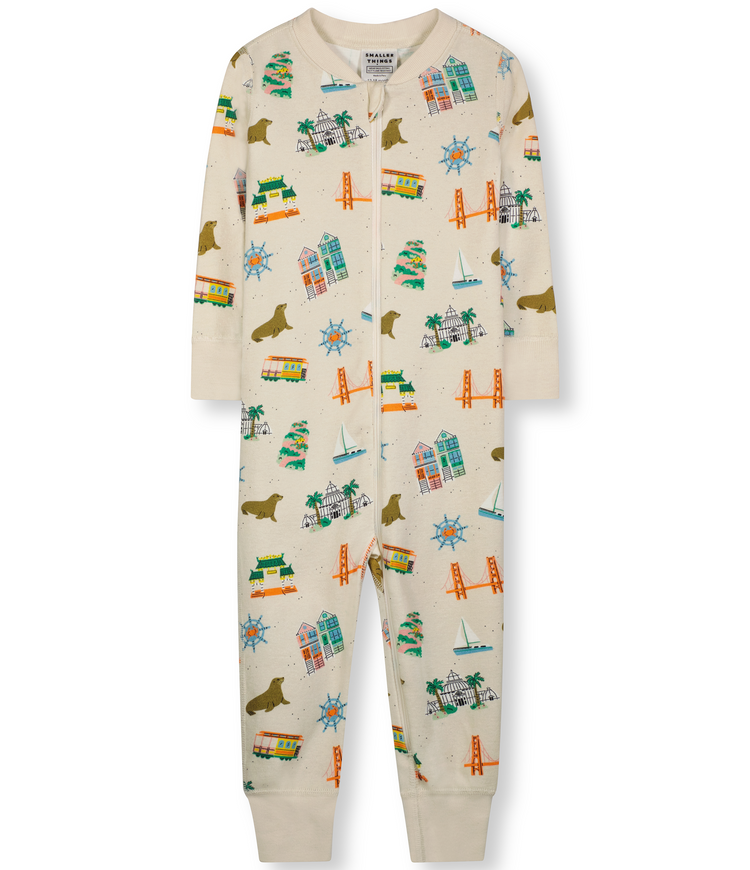 Creme Toddler and Baby Sleepwear with Fun San Fransisco themed Graphics. 100% Organic Cotton. One Piece Comfortable and Cozy Pajamas. Zip-up Long Sleeve Sleepwear.
