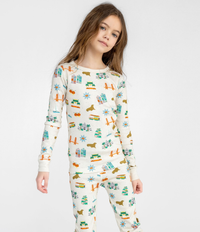 Adorable Young Girl with Off-White with Fun San Fransisco-themed Graphics, Long Sleeves Top and Pants, Comfortable and Cozy Sleepwear for Kids. 100% Organic Cotton. Long John Two-Piece Set.