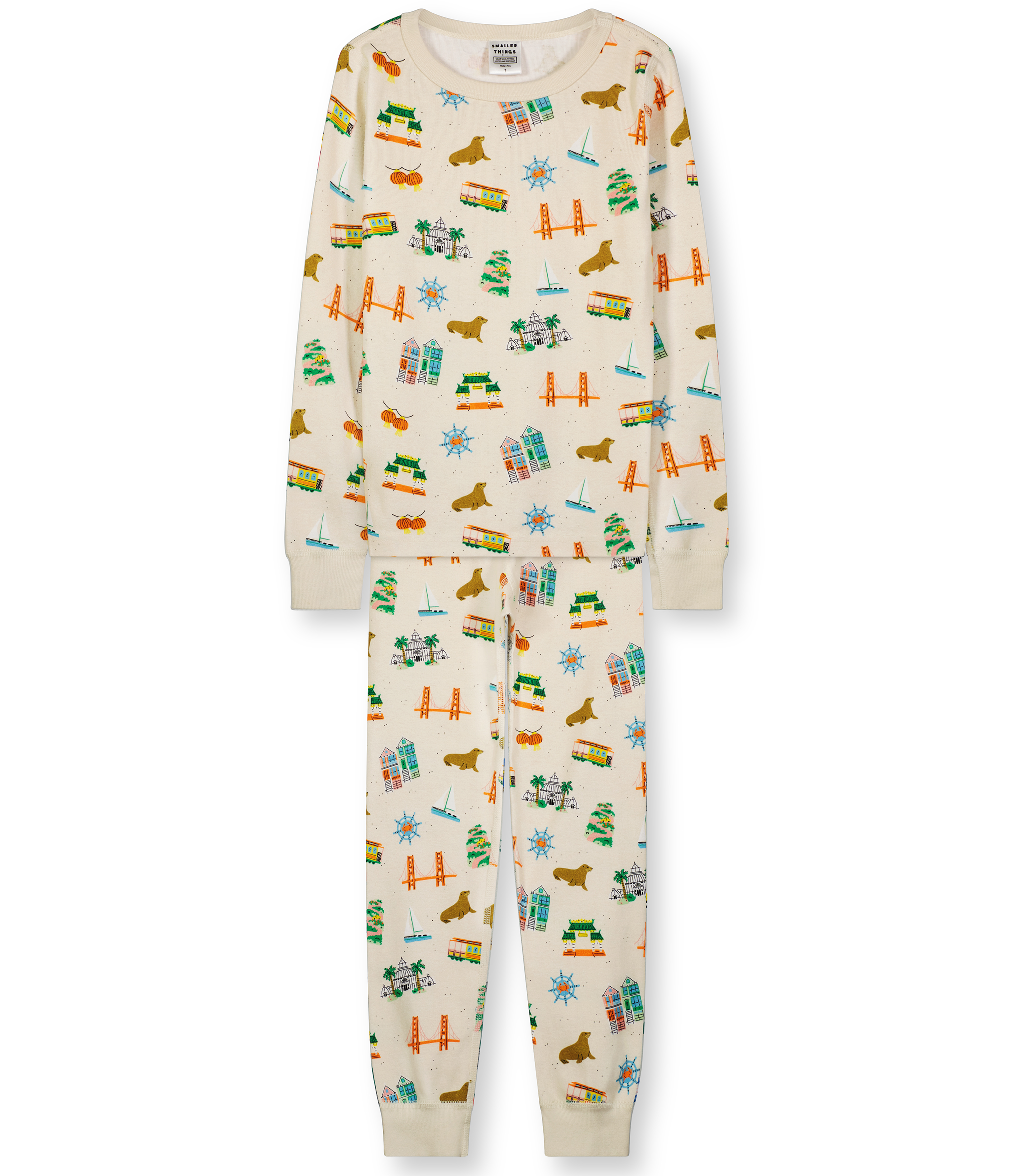 Creme with Fun San Fransisco-themed Graphics, 100% Organic Cotton Long Sleeves Top and Pants, Comfortable and Cozy Sleepwear for Kids