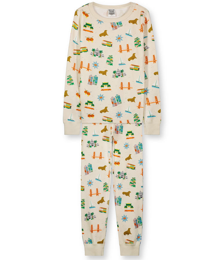 Creme with Fun San Fransisco-themed Graphics, 100% Organic Cotton Long Sleeves Top and Pants, Comfortable and Cozy Sleepwear for Kids