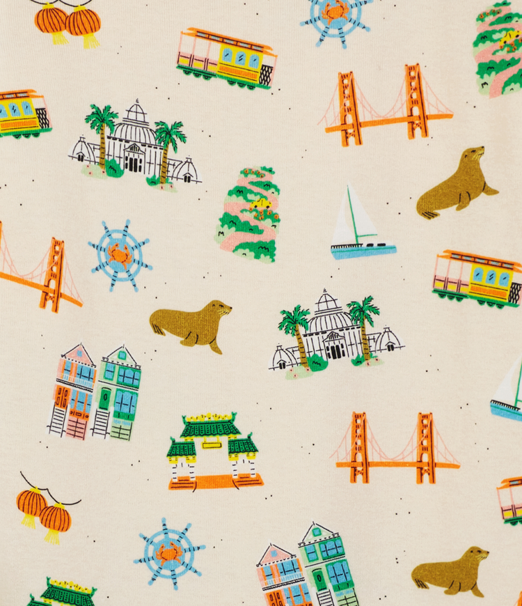 Close Up View of Fun San Fransisco Themed Illustrated Graphics. 100% Organic Cotton. Machine Wash Friendly Material.