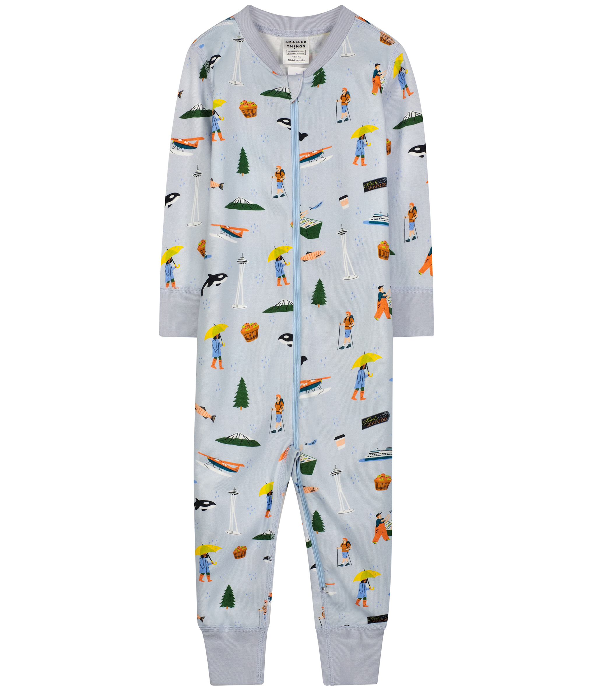 Baby and Toddler Unisex Goodnight Seattle Zip-up Pajamas - Blue with Fun Seattle - themed Graphics, Long Sleeves, Comfortable and Cozy Sleepwear.