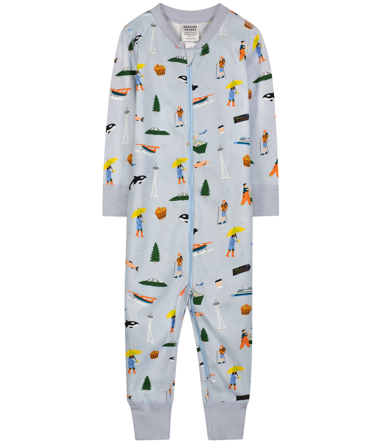 Baby and Toddler Unisex Goodnight Seattle Zip-up Pajamas - Blue with Fun Seattle - themed Graphics, Long Sleeves, Comfortable and Cozy Sleepwear.