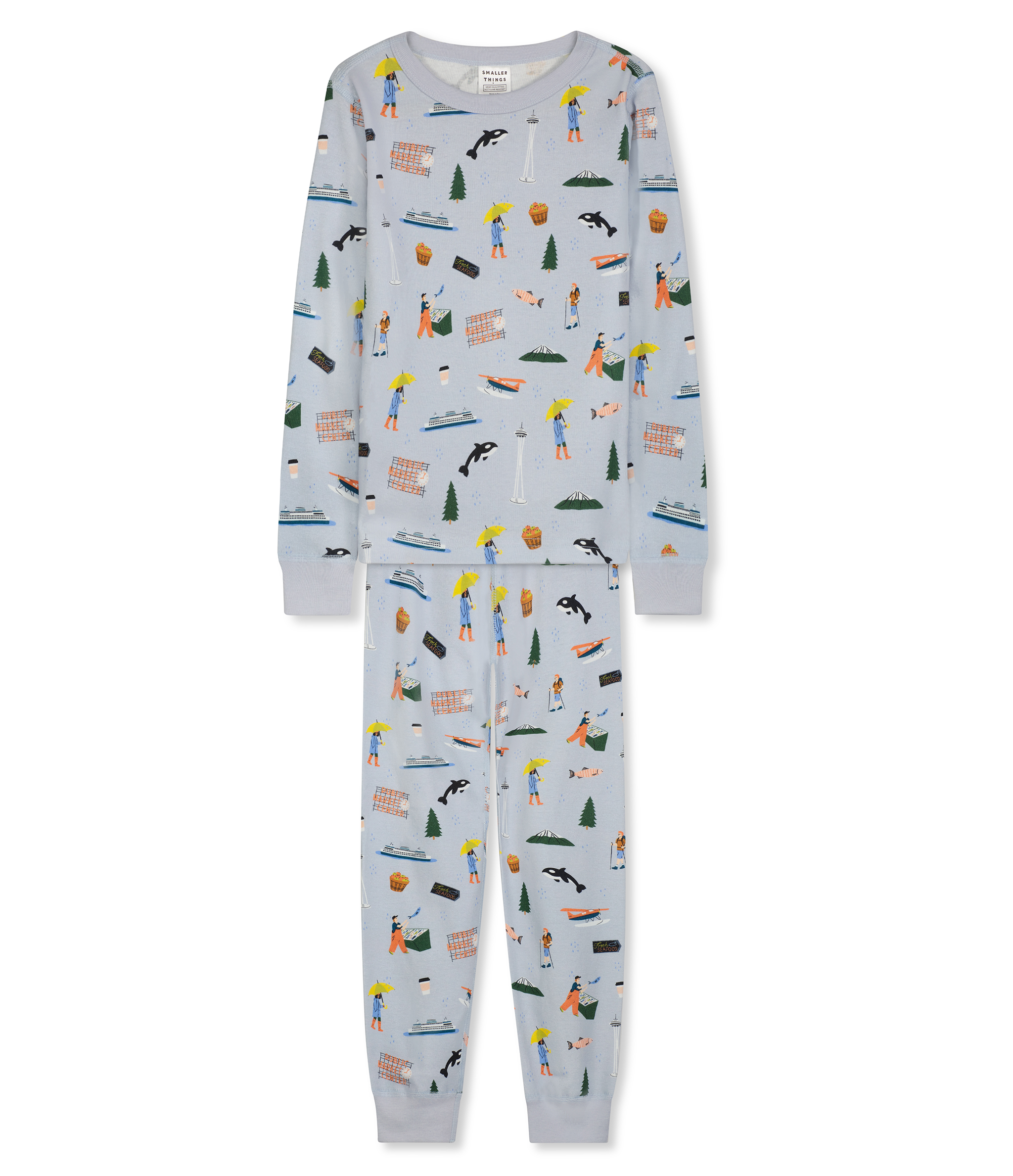 Light Grey with Fun Seattle-themed Graphics, Long Sleeves Top and Pants, Comfortable and Cozy Sleepwear for Men and Women. Long John Two-Piece Set. 100% Organic Cotton.