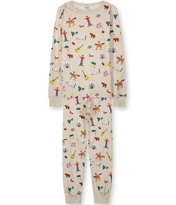 Two Piece Long Sleeves and Top Kid Pajama Set. Comfortable and Cozy with Ribbed Cuffs. 100% Organic Cotton with Fun Texas Themed Graphics. Long John Two Piece Combed Rib Knit Wear. Stylish and Fashionable Ethically Made Sleepwear.